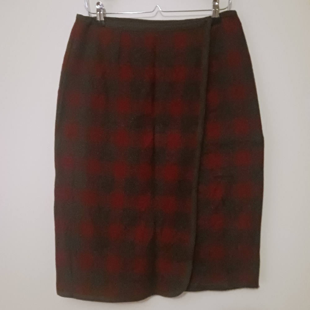 Vintage L.L. Bean Red and Black Wool Checkered Wrap Pencil Skirt